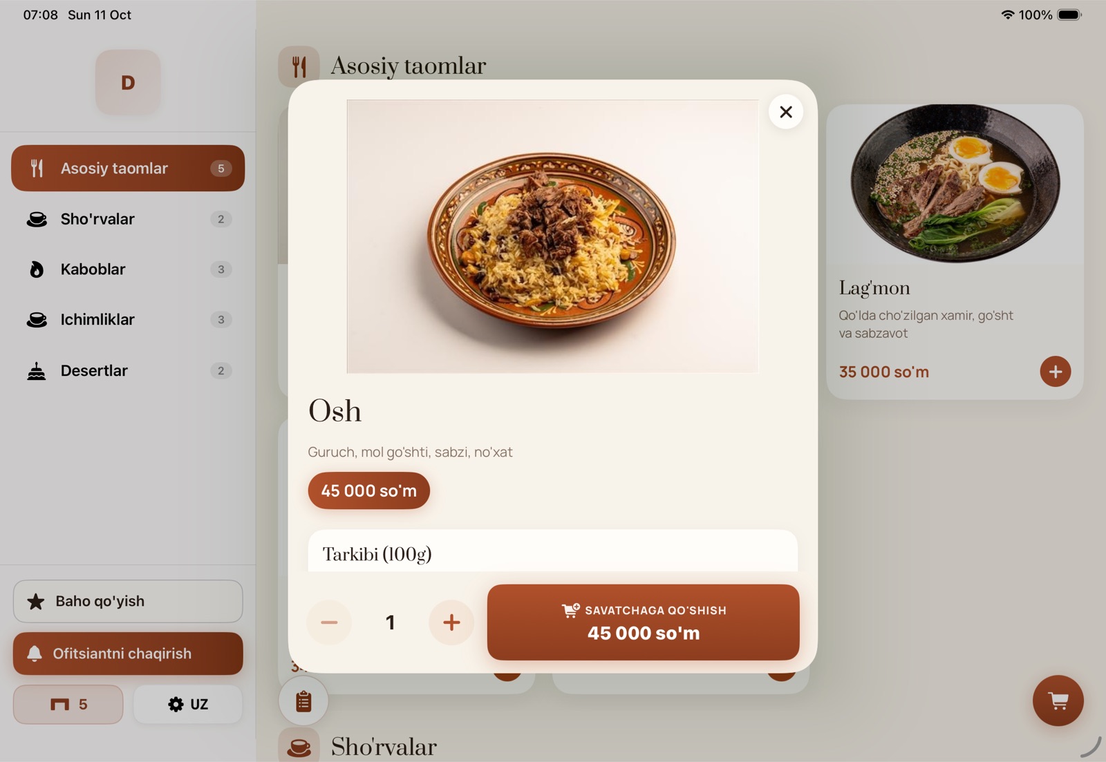 laTable taom oynasi: katta rasm, tarkibi va savatga qo'shish