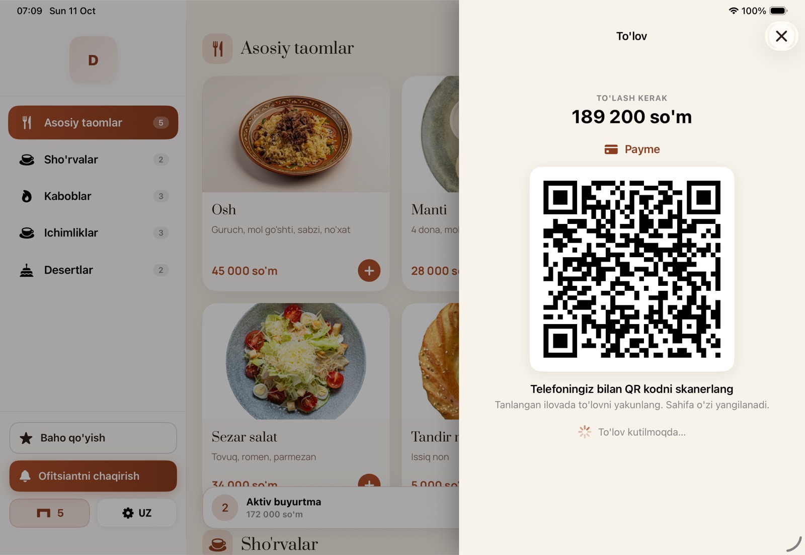 laTable to'lov ekrani: Payme QR kodi va to'lanadigan summa